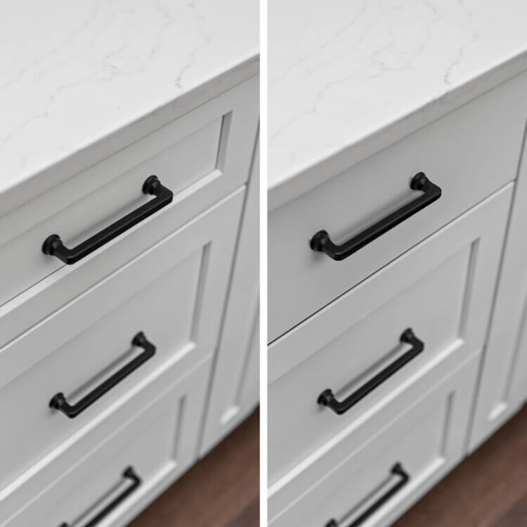Kitchen cabinet drawer options showing drawers with an optional slab drawer on top, verse all 5-piece drawers.