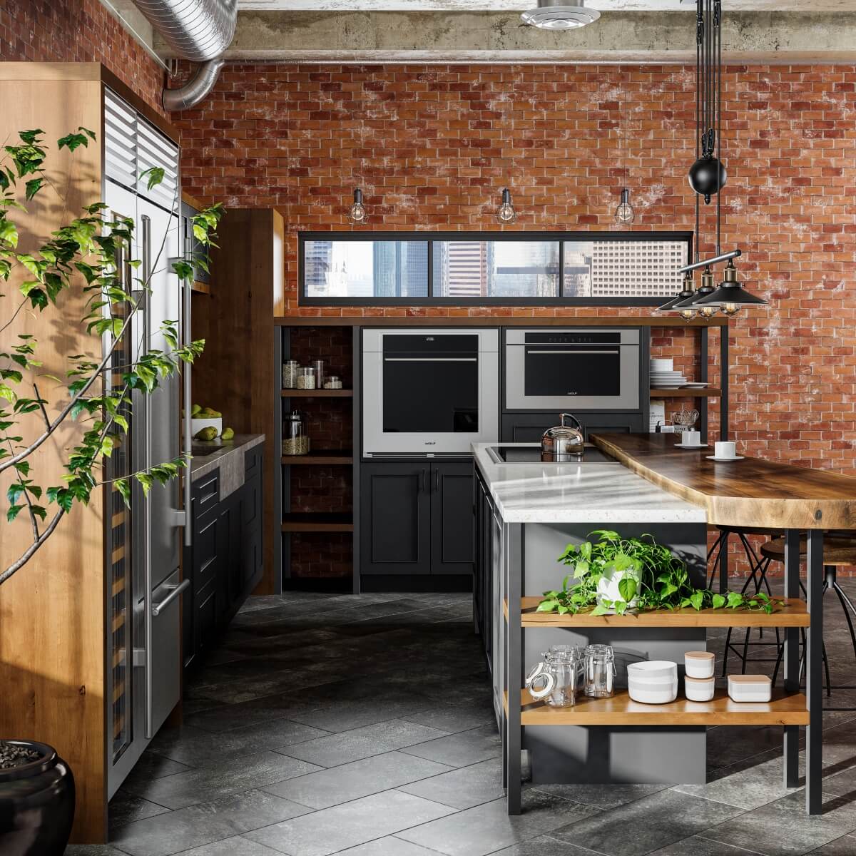 An Industrial style kitchen design in an urban loft with exposed brick walls and ductwork. The modern and rustic cabinets use a black painted finish and accents in a wood with a warm stain. Open shelves and black metal fixtures add to the style.
