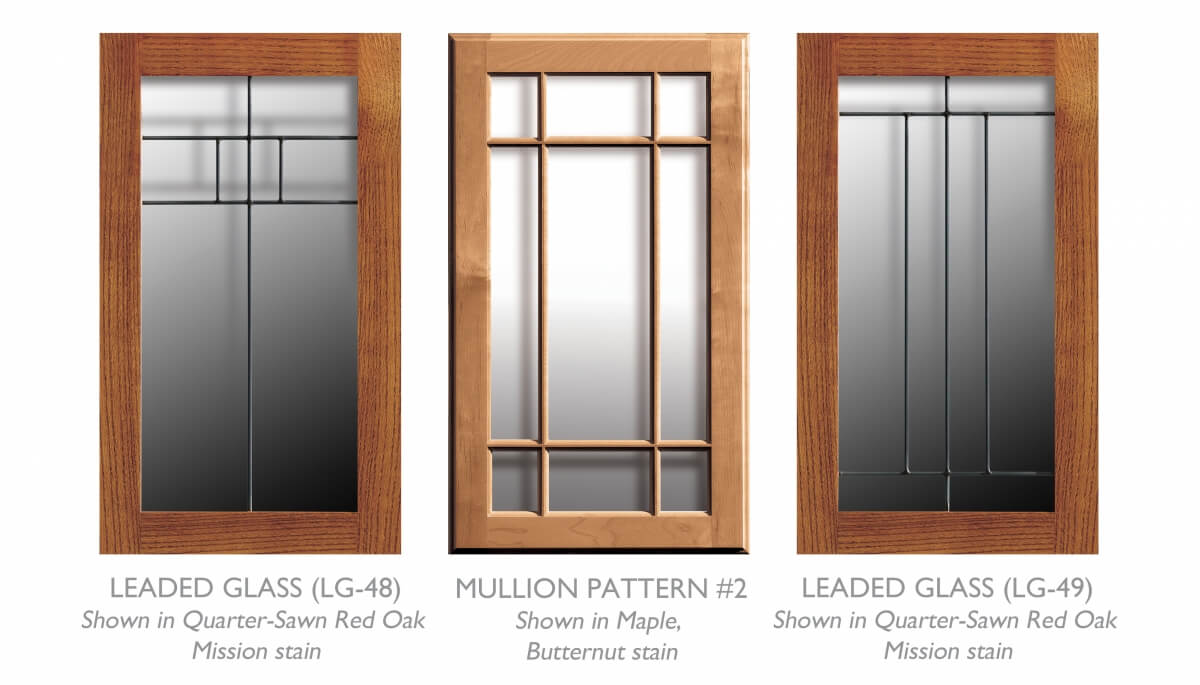 Accent cabinet doors for Craftsman style cabinets showing mullion and leaded glass cabinet doors from Dura Supreme Cabinetry.