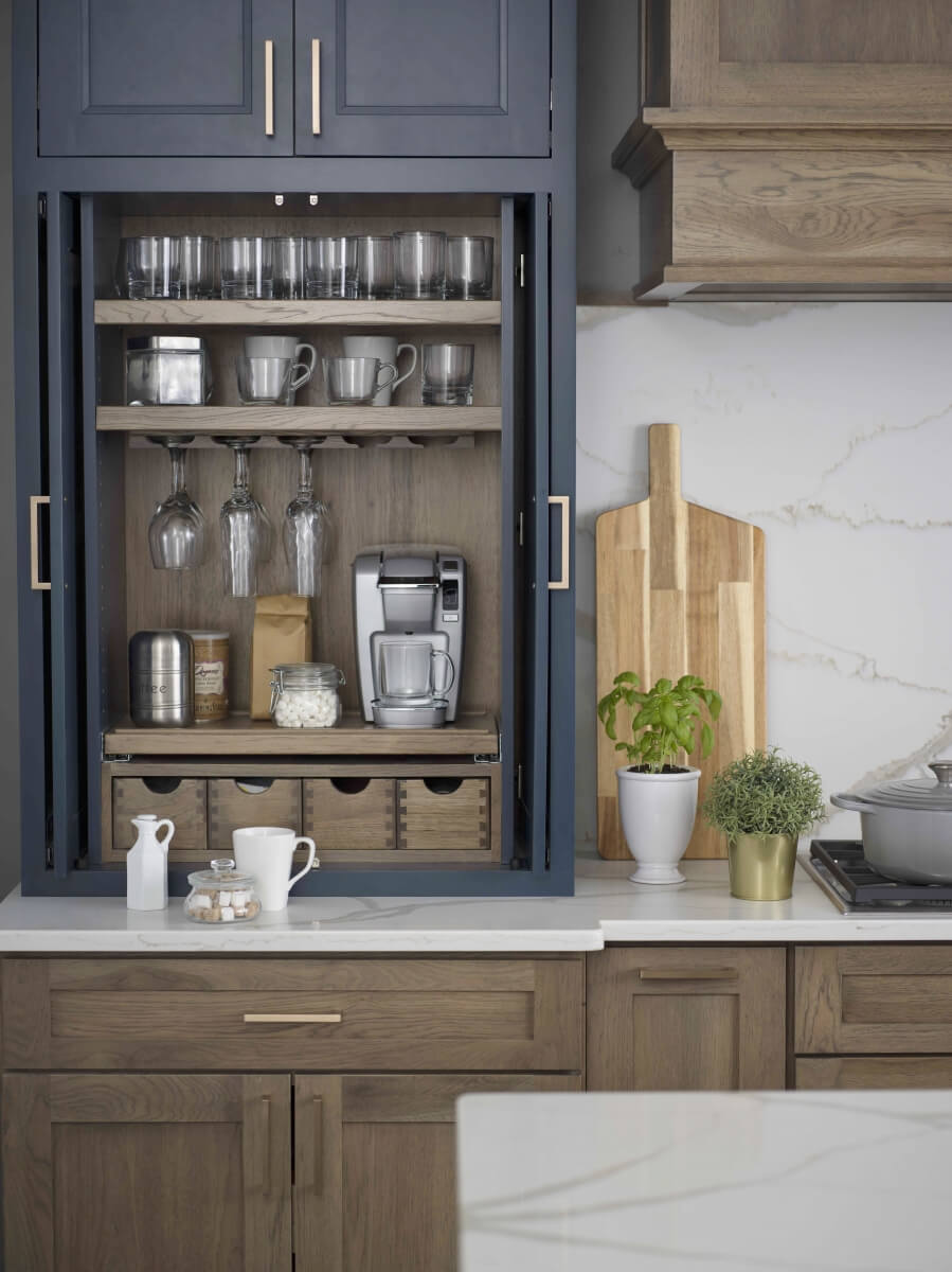 Dura Supreme Cabinetry Beverage Center Larder shown used for a coffee station.