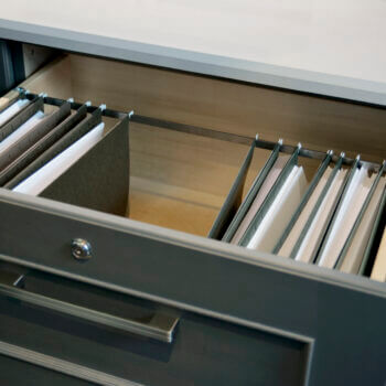 Home Office Cabinetry and Built-in Desk with File cabinet drawer storage. Lateral Filing Drawer by Dura Supreme Cabinetry