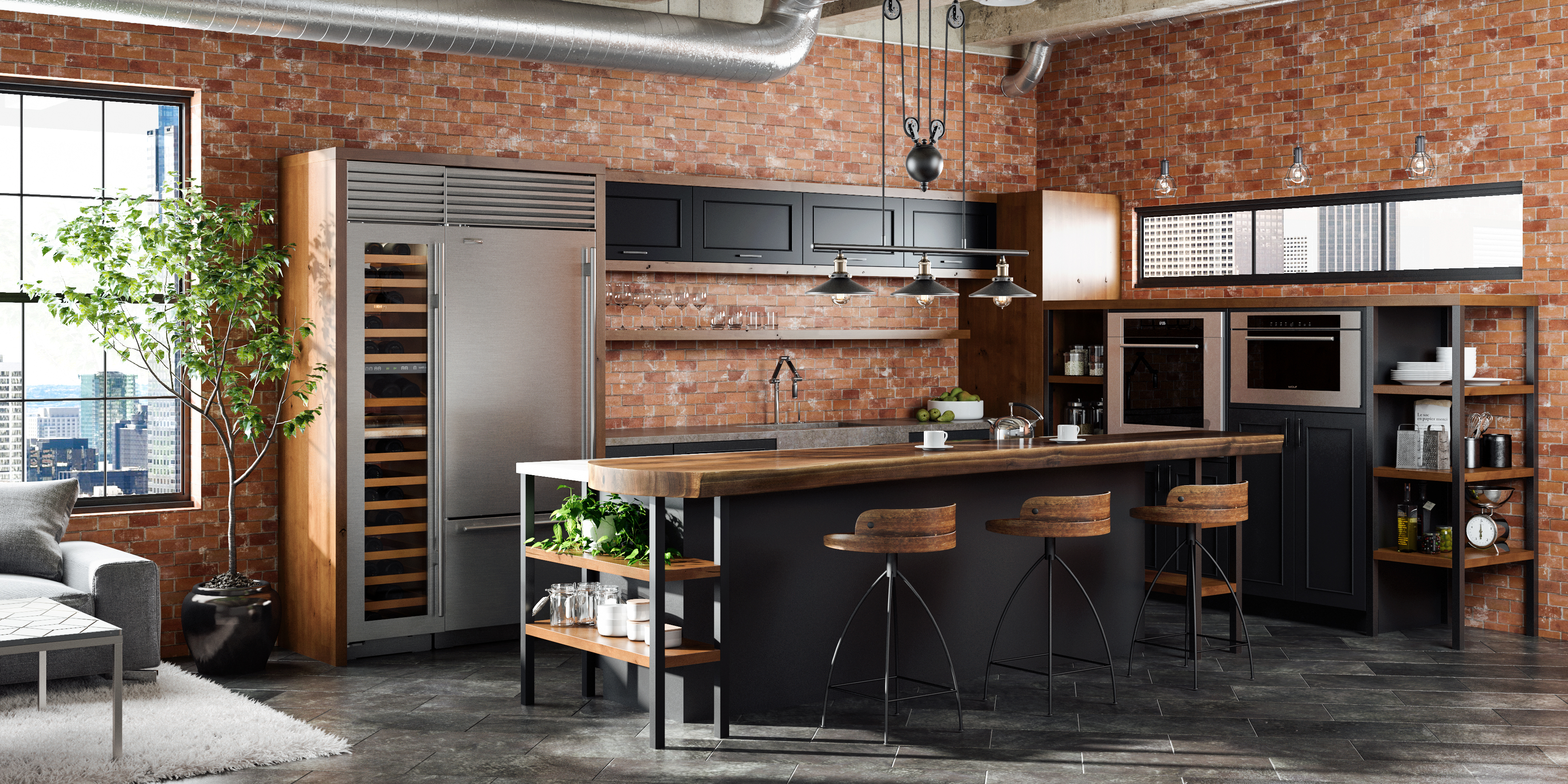 An Industrial style kitchen design in an urban loft with exposed brick walls and duct-work. The cabinets use a black painted finish and accents in a wood with a warm stain.