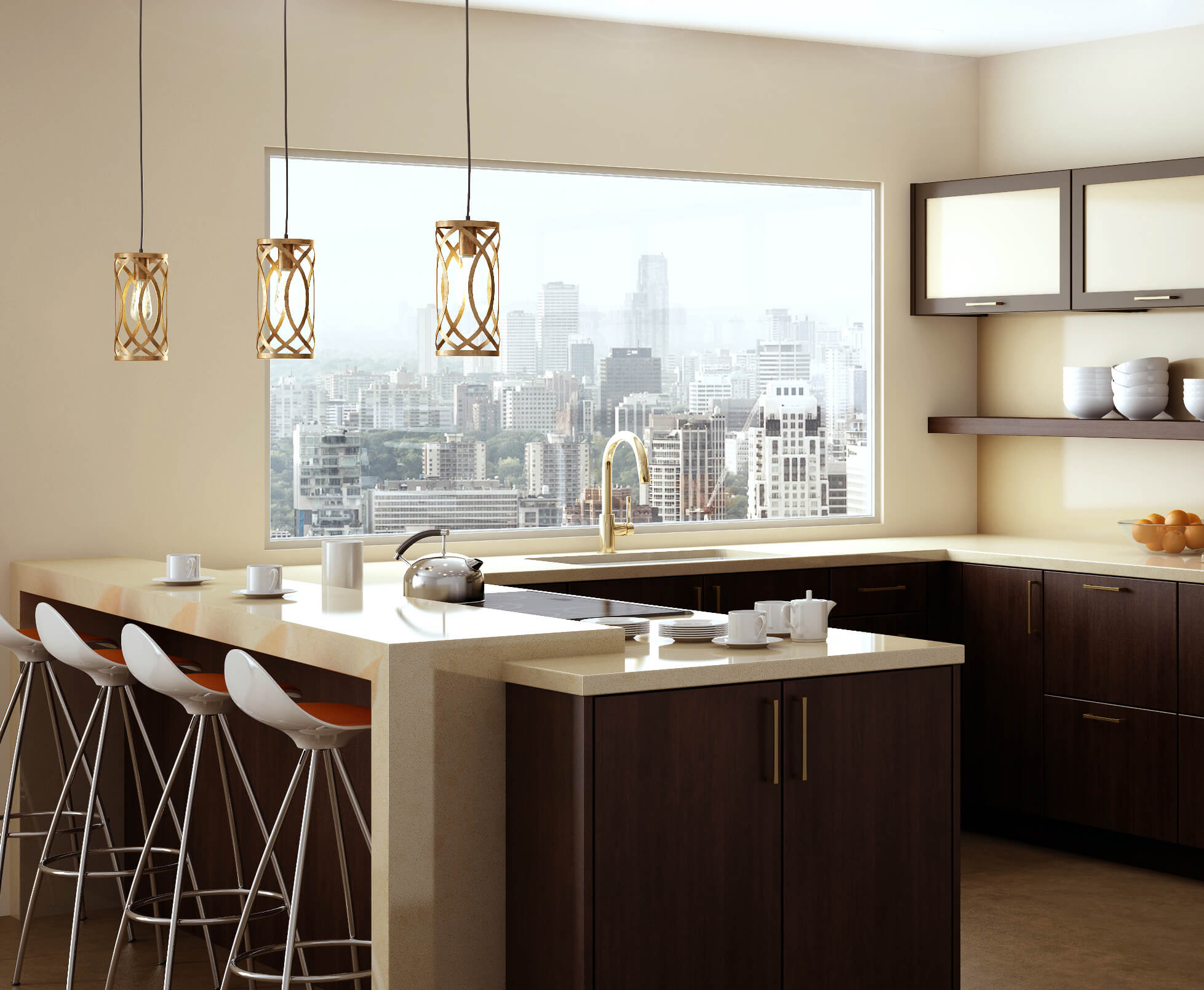 Pendant Lights over a kitchen peninsula in a modern urban loft kitchen design.