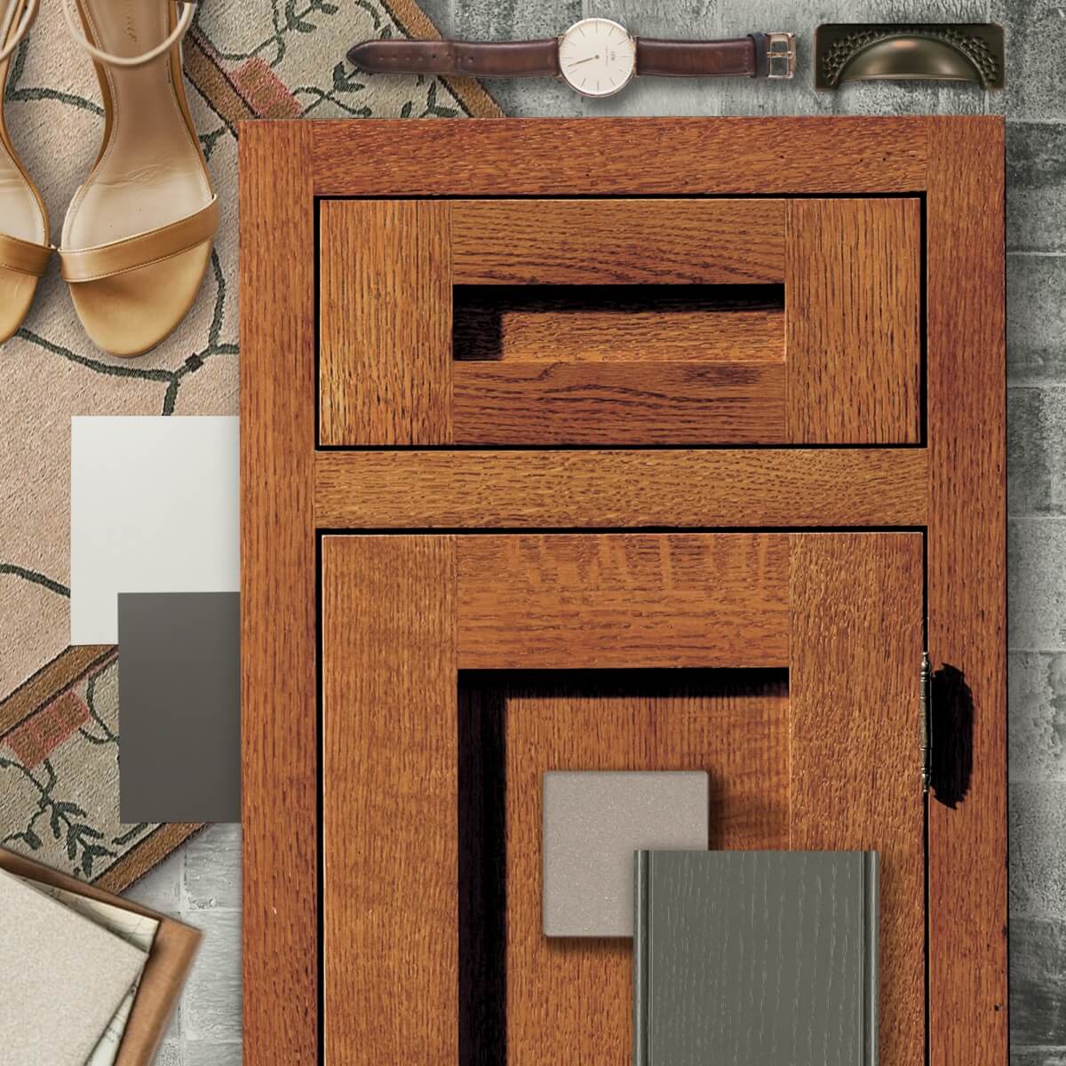 A classic crafsman styled kitchen design mood board with quartersawn red oak and a warn red stain.