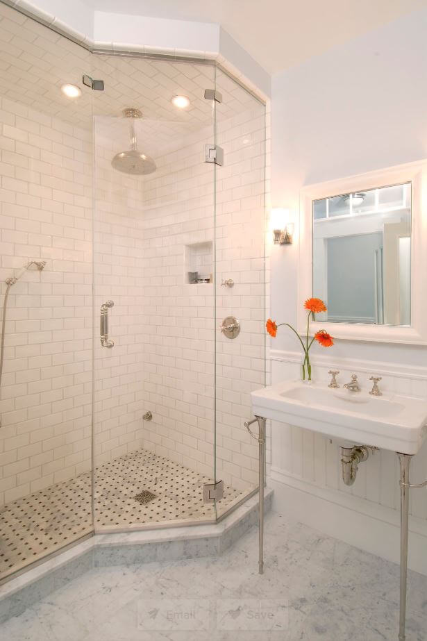 White Subway Tile throughout this bathroom, Design by Charlie Allen Renovations, Inc., Cambridge, MA, Photography by Shelly Harrison