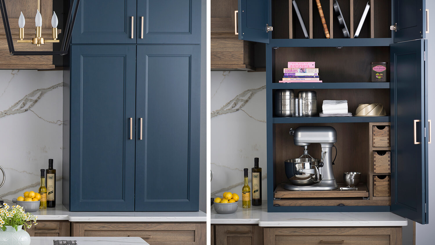 With a simple movement of a cabinet door an entire baking center can be concealed when company arrives, or revealed when it's time to bake.