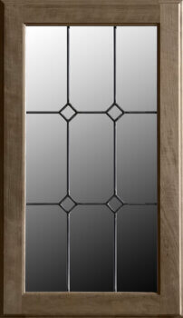 This leaded glass option LG-41, for cabinet door inserts features a 9 window pane pattern with diamond shaped panes at the center intersections.