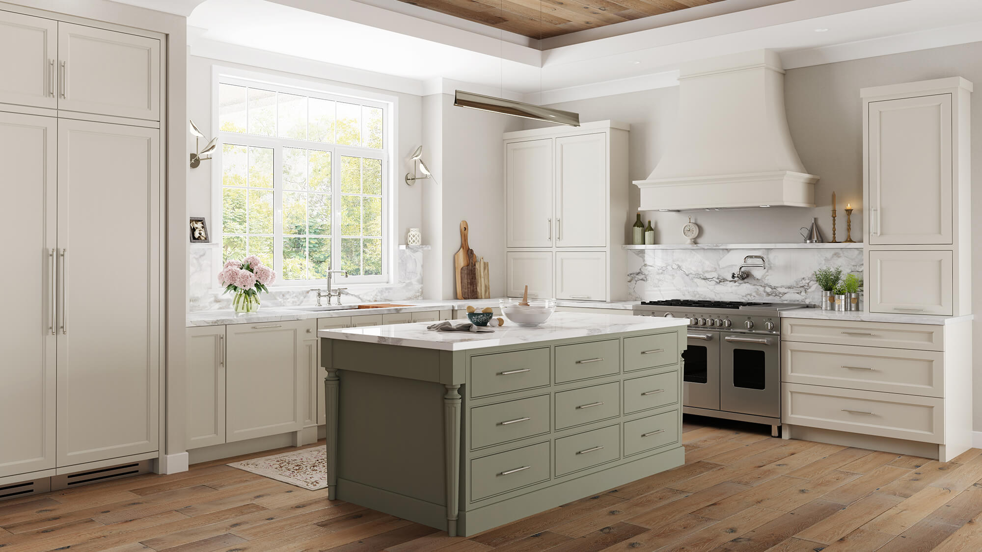 Trendy green kitchen island cabinets with slab inset doors.