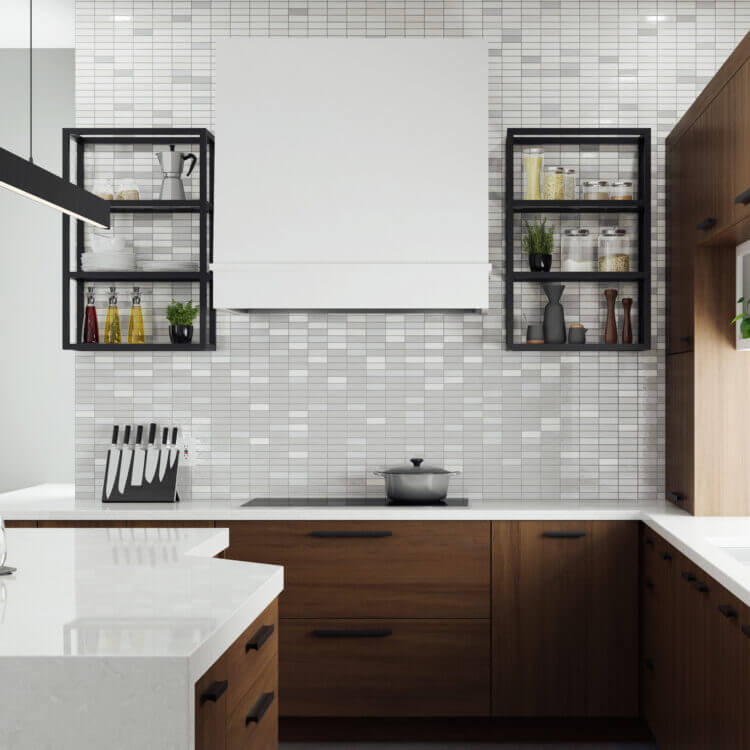 A straight on view of a minimalistic modern wood hood with a bright white painted finish surrounded by open metal kitchen shelves in a matte black finish.