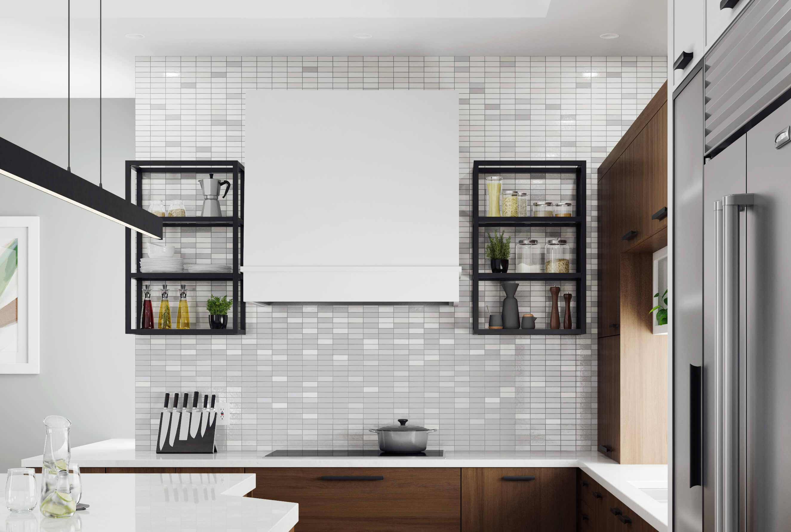 A straight on view of a minimalistic modern wood hood with a bright white painted finish surrounded by open metal kitchen shelves in a matte black finish.