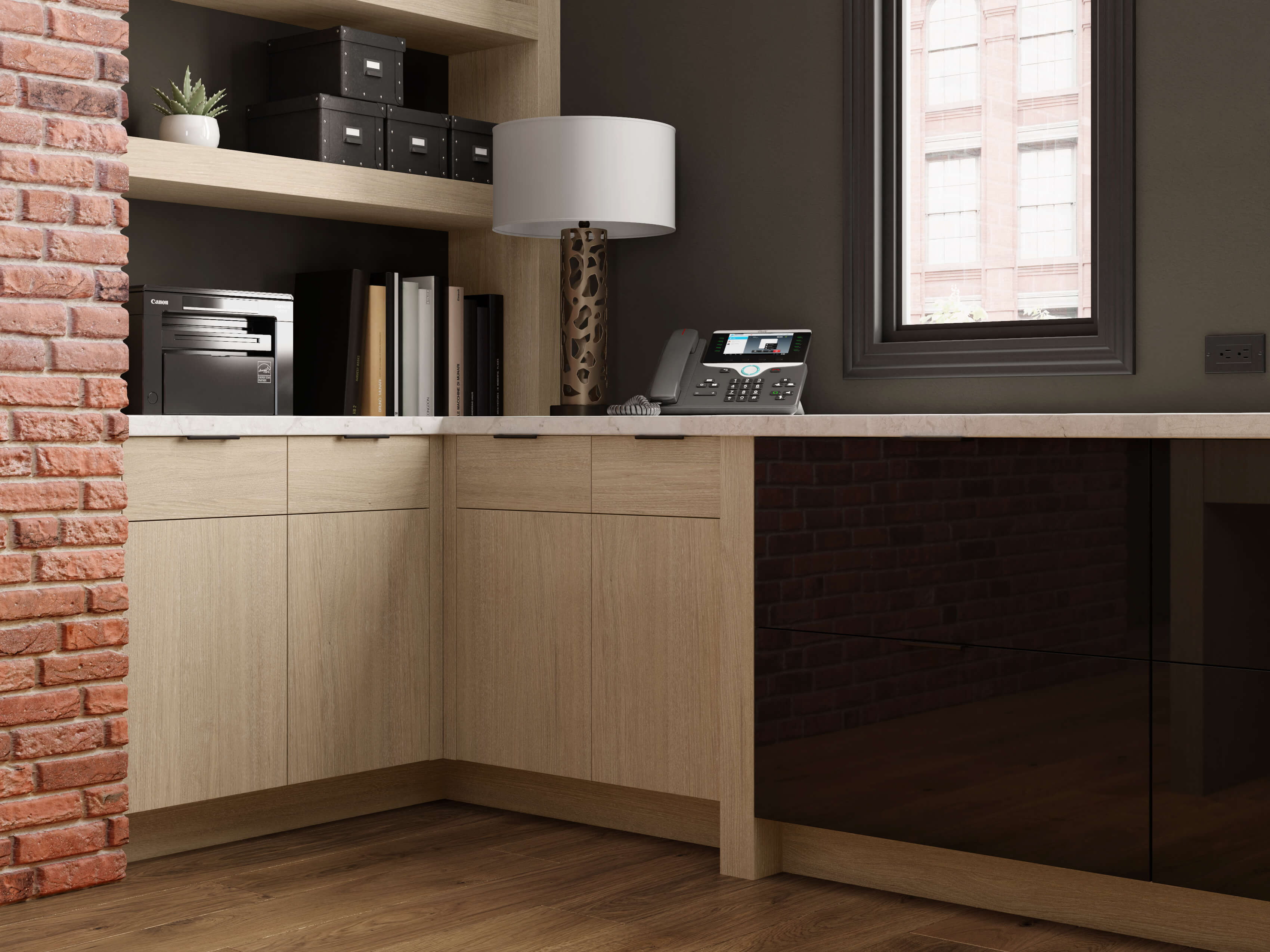 A home office desk corner in a modern urban home with quarter-sawn white oak cabinets.