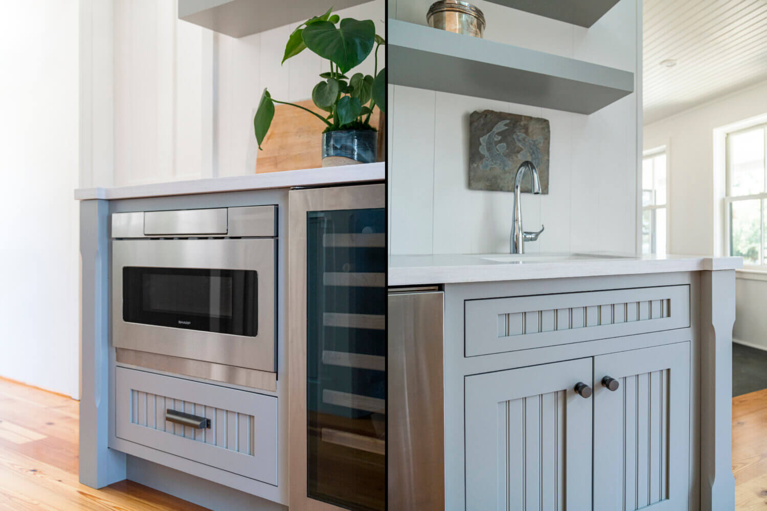 A beverage center on the left and a clean-up station on the right with gray painted cabinets with cottage beaded details on the cabinet doors.