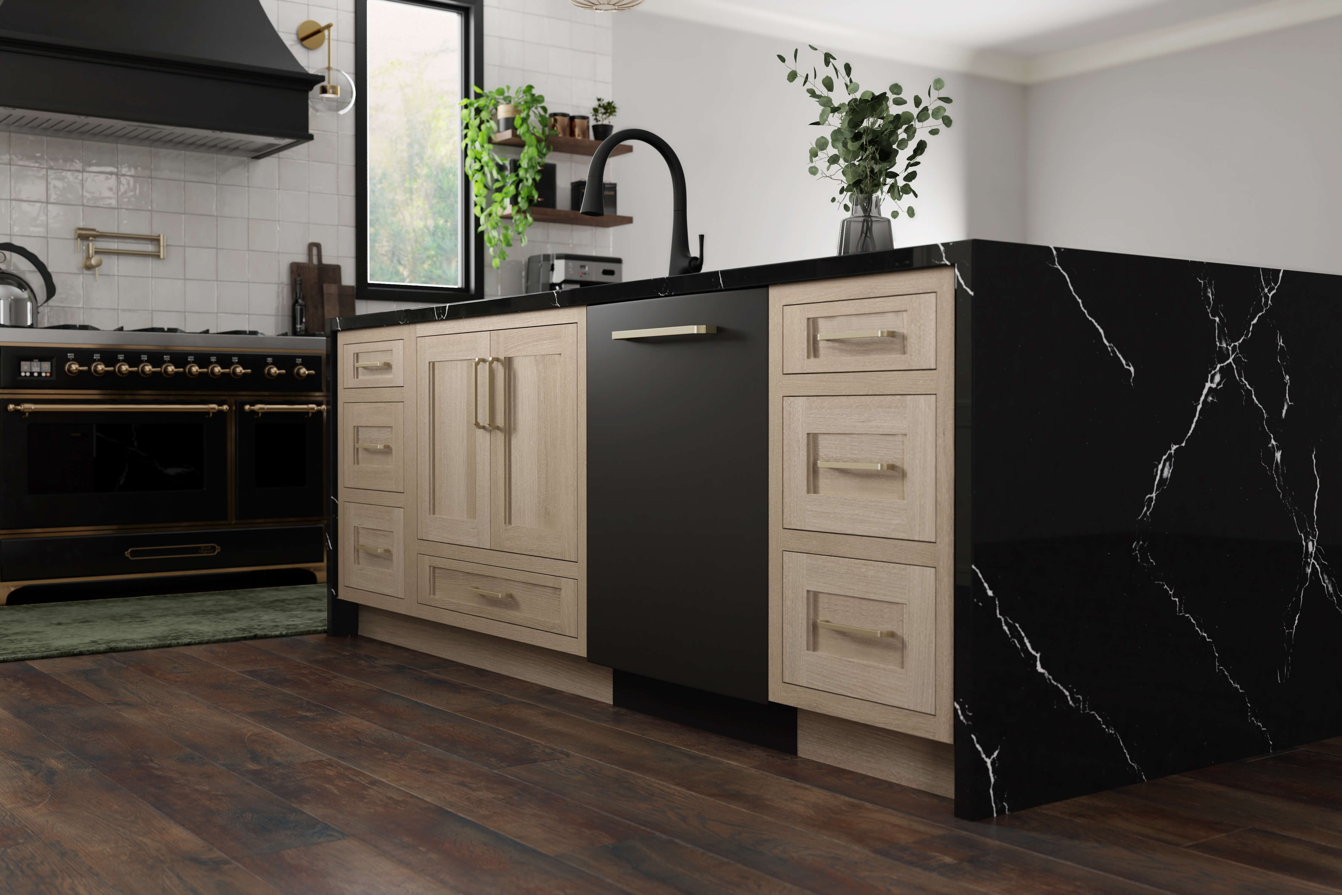 A white oak and white painted kitchen with black accents including a black kitchen appliances, faucets, and countertops.