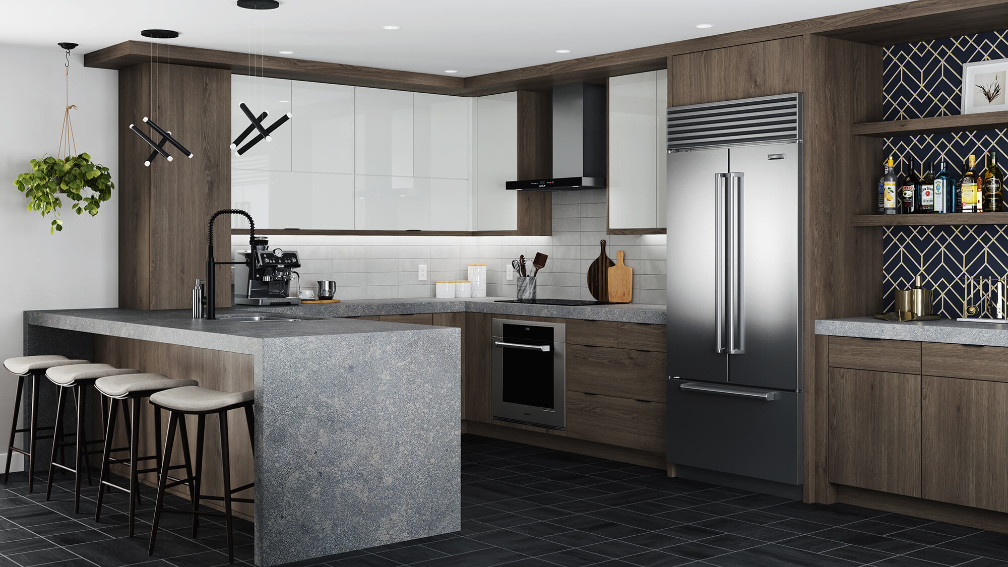 A sleek and modern kitchen design with slab cabinet doors in two-tone finishes. The two cabinet colors within this kitchen include a glossy acrylic white with a dark true-brown stained wood.