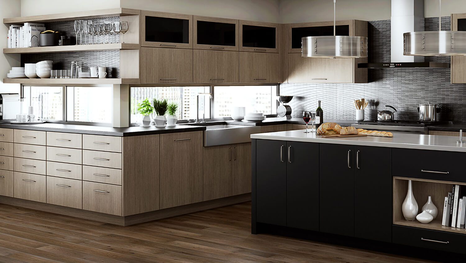 This modern urban kitchen features minimalist slab style cabinet doors with a combination of a true-brown rift sawn oak and black painted finishes and black back painted glass accents.