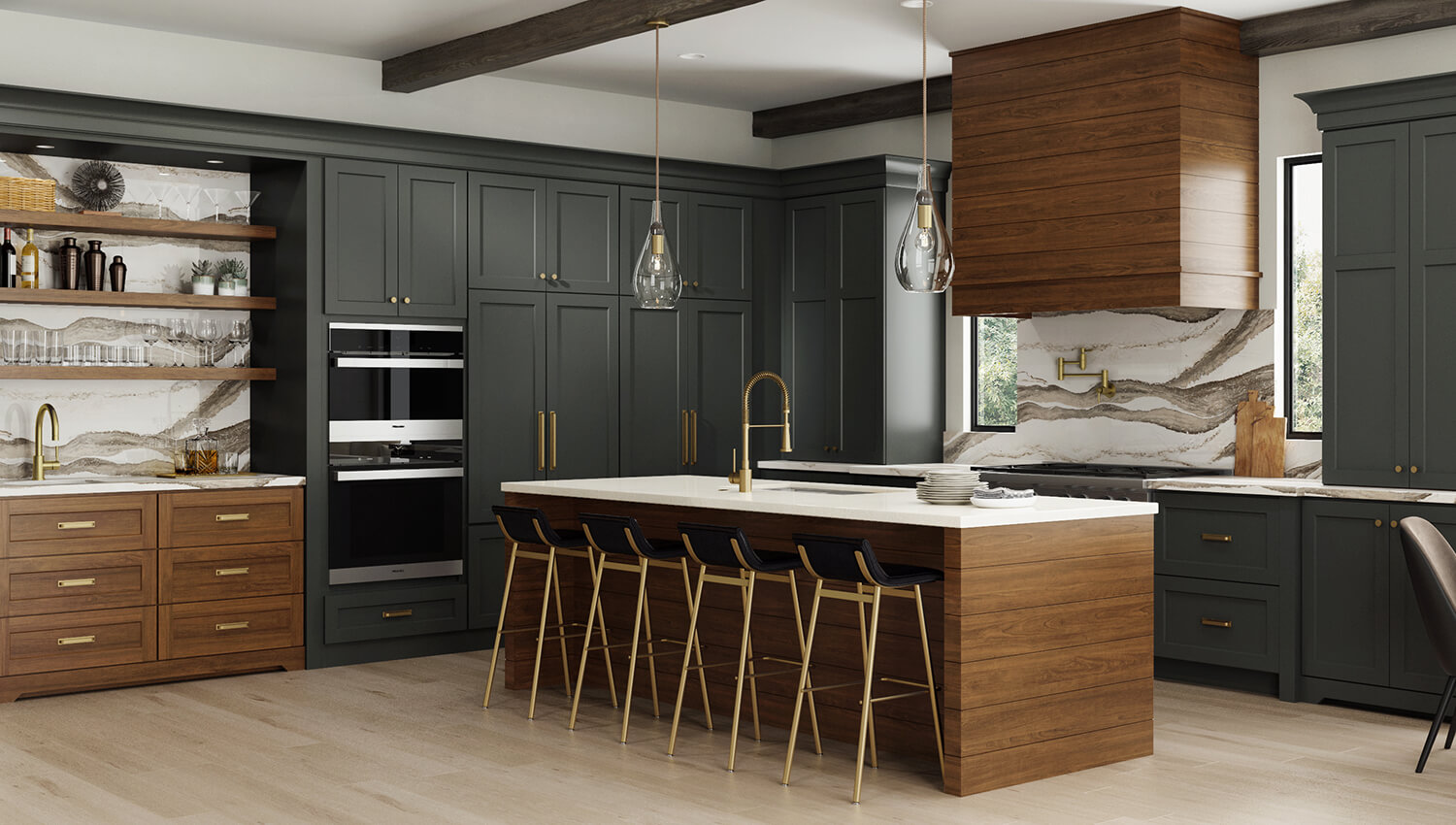This modern farmhouse kitchen features Dura Supreme's Carson Panel and Camden door styles in a combination of the Rock Bottom paint and Hazelnut stained Cherry shown. The island and wood hood feature shiplap details with the true-brown cherry wood finish. 