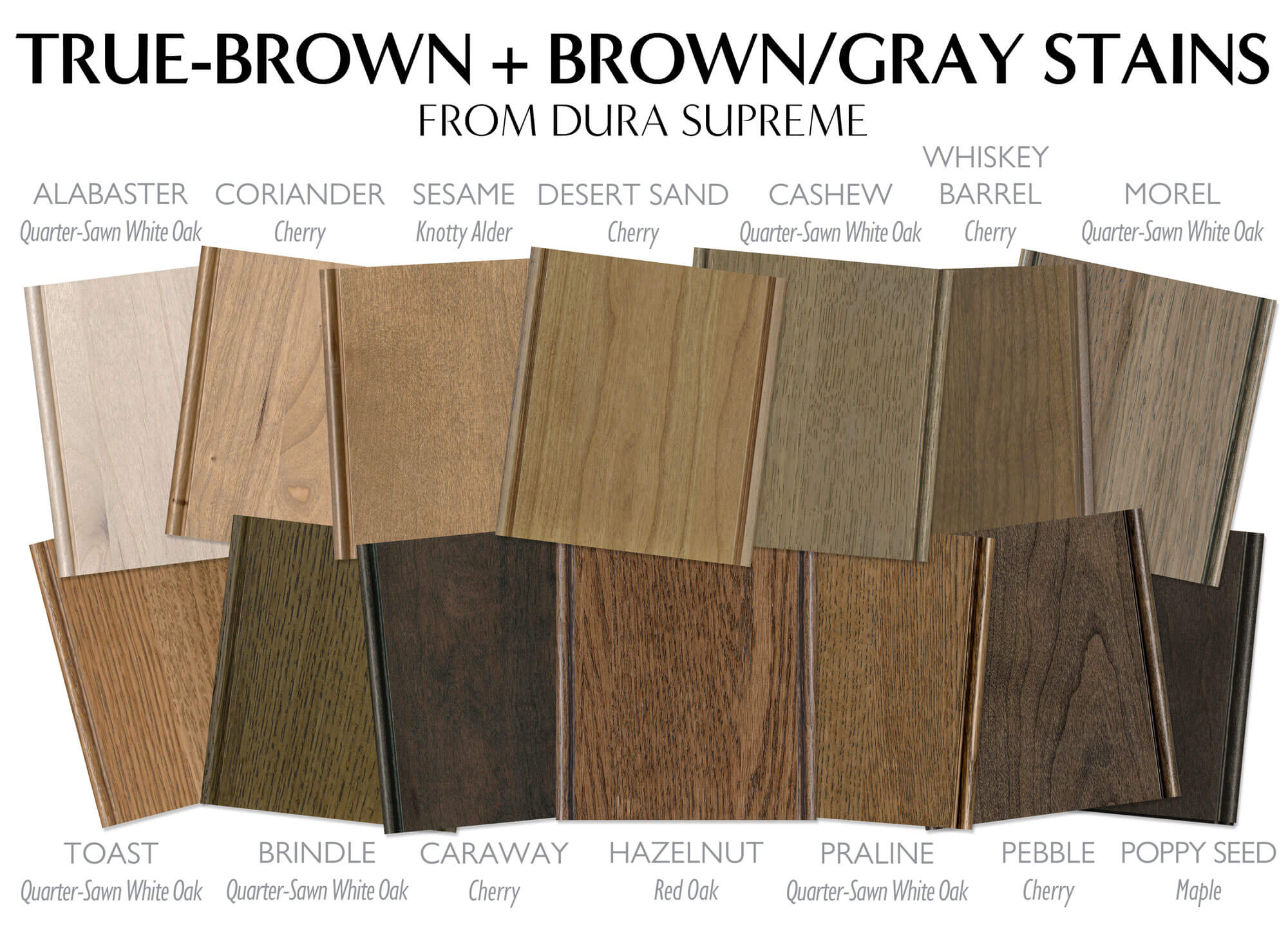 True-brown and brown/gray stain colors for kitchen and bath cabinets from Dura Supreme.