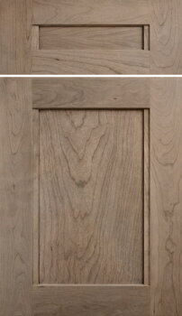 Dura Supreme Cabinetry's Avery flat panel door style with sleek, elegant vertical details shown on cherry with a true-brown stain.