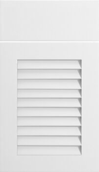 A Louvered cabinet door style featuring horizontal slats for ventilation and and sleek style shown in a crisp white painted finish.