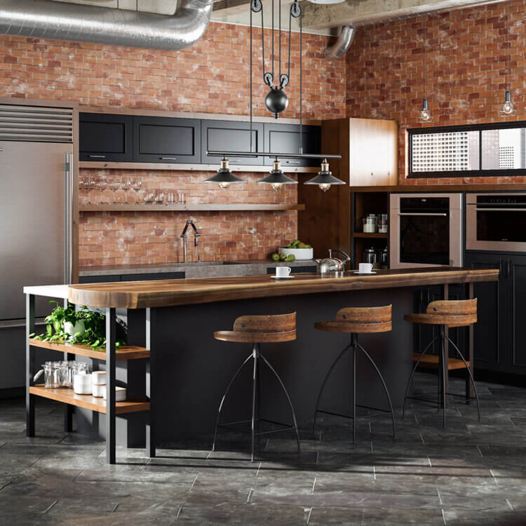 An industrial style kitchen design in an urban loft with black painted cabinets.