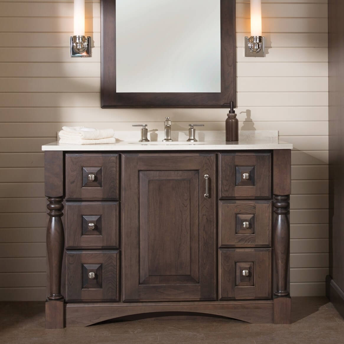 An elegant and traditional bathroom vanity with classic furniture details that can be customized to fit your style. Dura Supreme Cabinetry's Furniture Vanity Style #3.