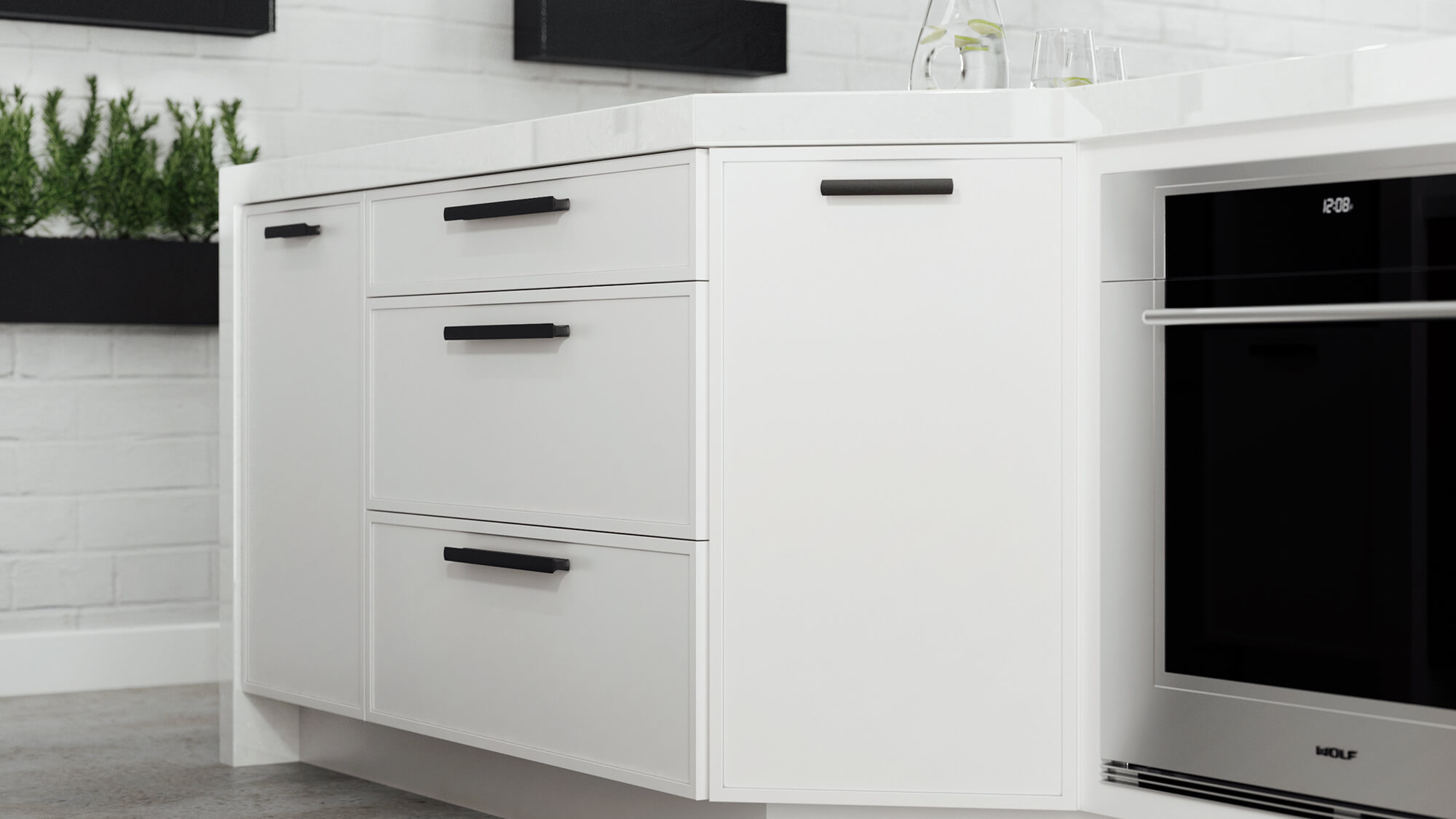 A modern skinny shaker door style in white paint on a kitchen island from award winning cabinet maker, Dura Supreme Cabinetry.