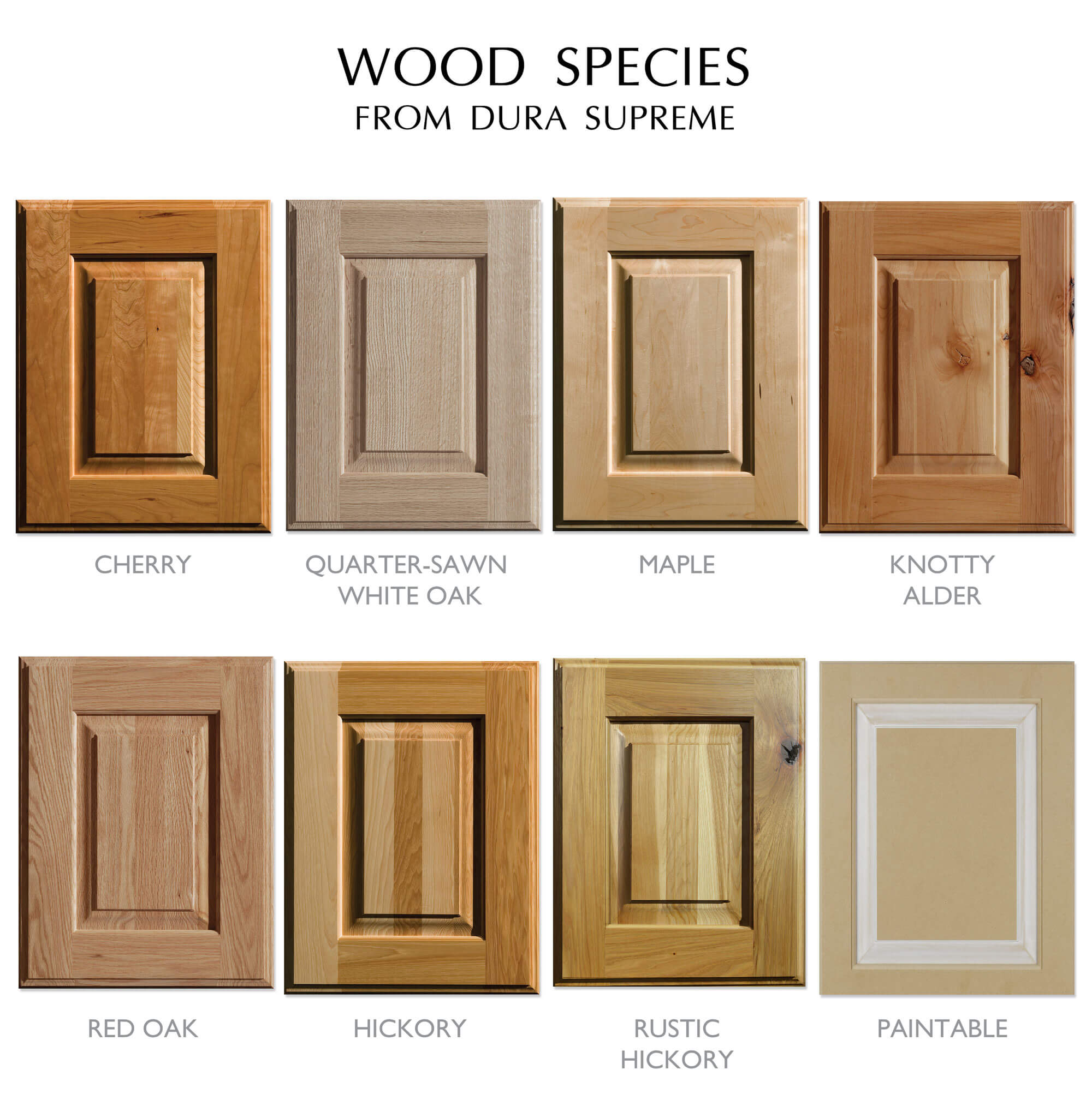 Kitchen cabinet Wood Species options from Dura Supreme Cabinetry. The list includes; Cherry, Quarter-Sawn White Oak, Maple, Knotty Alder, Red Oak, Hickory, Rustic Hickory, and Paintable.