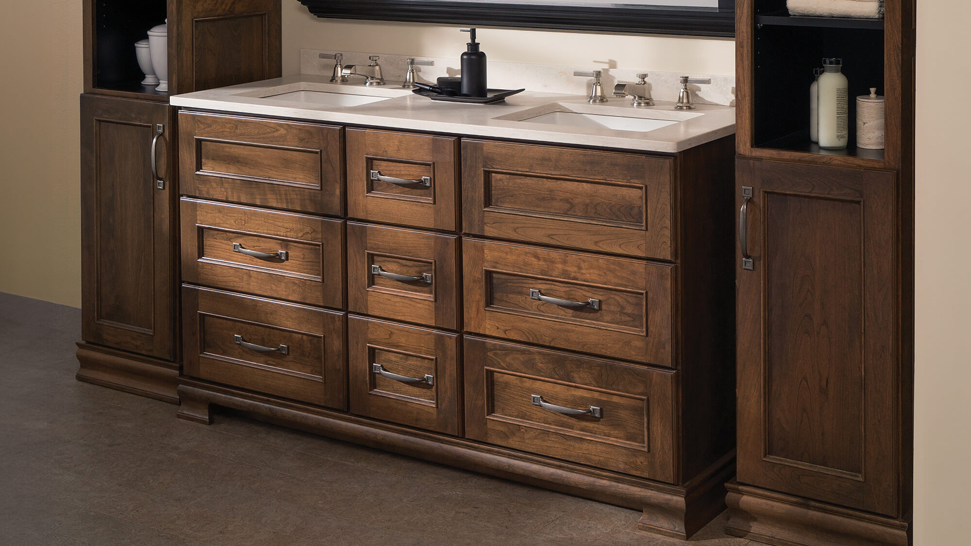 A furniture style vanity that is customizable with options for decorative toe kicks and base toe kick molding. Dura Supreme's Bath Furniture Style #1.