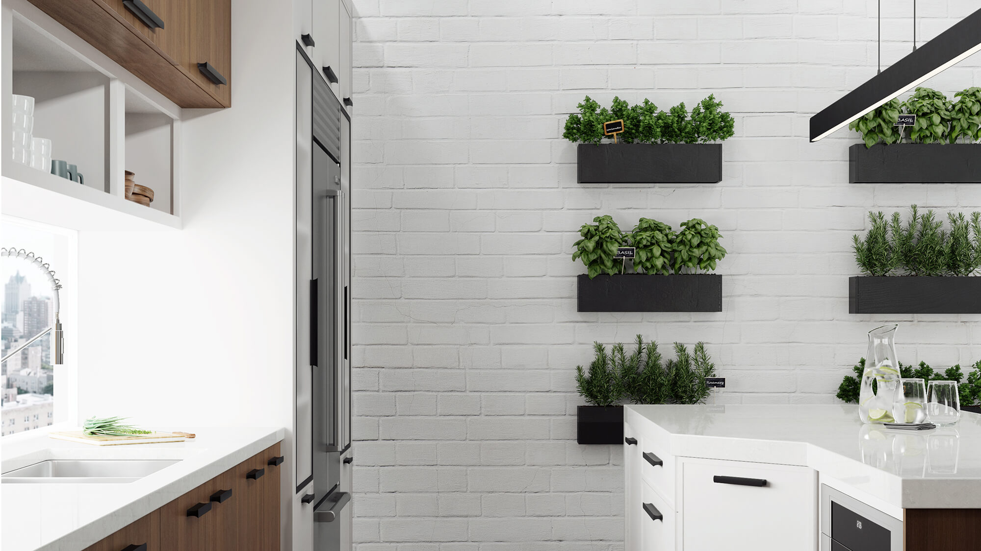 The designer brought biophilic design style into this urban kitchen by creating a modern herb garden wall. Featuring Dura Supreme’s Reese door style in “Pearl” paint paired with the Metro-Vertical door style in “Hazelnut” stain on Walnut exotic veneer.